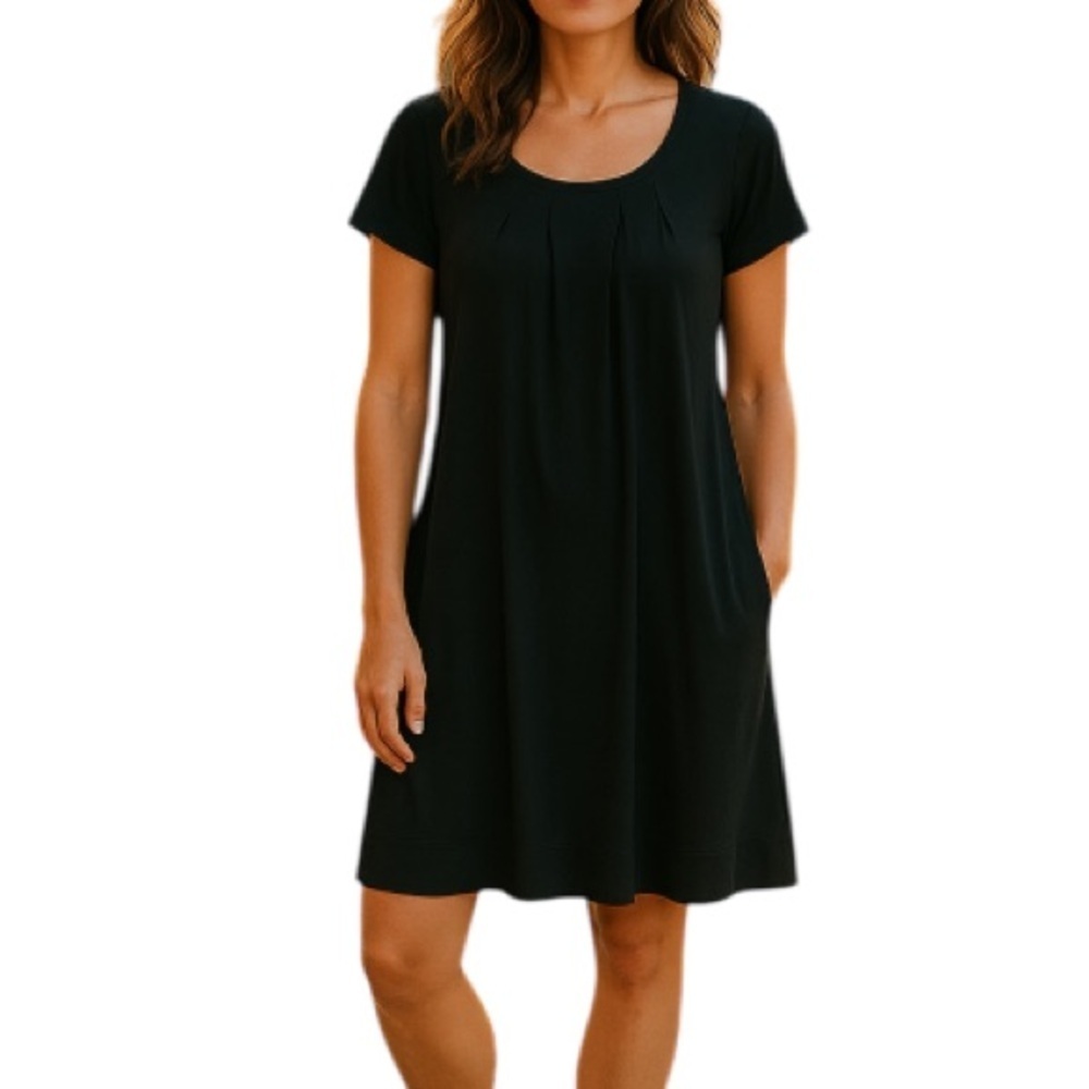 TIANA B. Black Box Pleat Scoop Neck Short Sleeve Shift Dress Loose Classic M